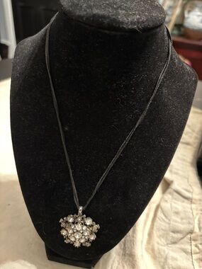 Crystal Cluster Pendant Necklace - Black Cord #vintage